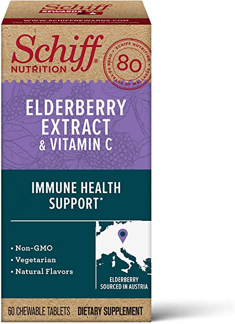 Elderberry Extract & Vitamin C Chewable Tablets, Schiff (60 Count in a Bottle), Vegetarian, Non-GMO, Natural Flavors, Helps Support A Healthy Immune System & Cellular Health٭, Sambucus, Antioxidant