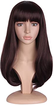 MapofBeauty Flat Bangs and Straight Hair Slightly Curled Wig (Dark Brown)