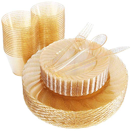 WDF 150pcs Gold Plastic Plates with Disposable Plastic Silverware&Gold Cups- Gold Glitter Design include 25 Dinner Plates,25 Salad Plates,25Forks, 25 Knives, 25 Spoons& 9OZ Plastic Cups (Gold Glitter)