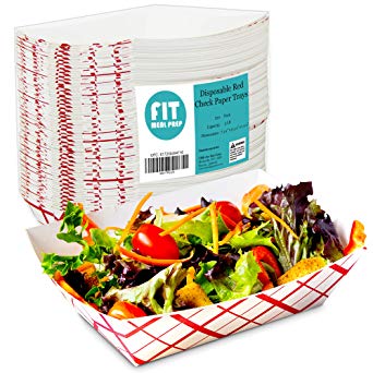 [250 Pack] 3 lb Heavy Duty Disposable Red Check Paper Food Trays Grease Resistant Fast Food Paperboard Boat Basket for Parties Fairs Picnics Carnivals, Holds Tacos Nachos Fries Hot Corn Dogs
