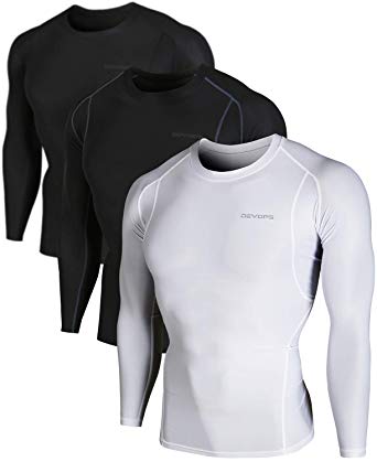 DEVOPS Men's 3 Pack Cool Dry Athletic Compression Long Sleeve Baselayer Workout T-Shirts