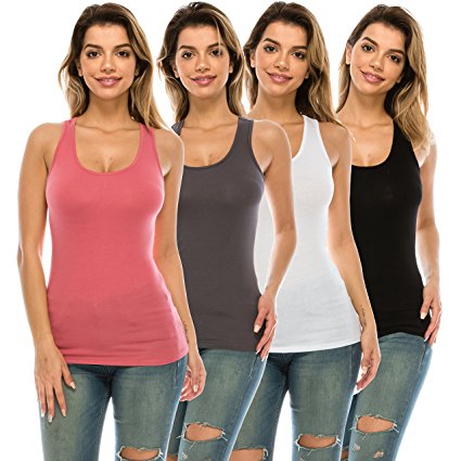 Nolabel Womens 2~4 Pack Long Length Adjustable Spaghetti Strap Racerback Cami Tank Top With Back Lace Plus Size (S~3XL)