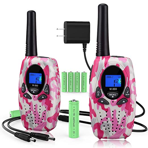 Topsung 2 Rechargeable Walkie Talkies for Adults, M880 FRS Long Range Two Way Radios Rechargeable with Charger Batteries, 22 Channels GMRS UHF Voice Activated 2 Way Radios (Camouflage Pink)