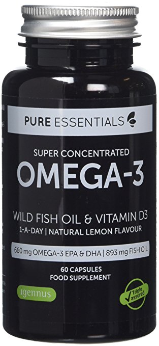 Pure Essentials Super Concentrated Omega-3 Wild Fish Oil and Vitamin D3 | 660mg Omega-3 EPA and DHA | 893 mg Triglyceride Fish Oil | 1a-day | Lemon Flavour | 60 capsules