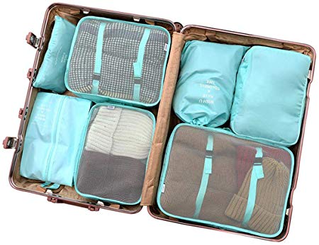 Packing Cubes For Travel, 7 Set Luggage Organizer With Shoes Bag, Compression Cells, Accessories Bags Made With Wearable Waterproof Material. Perfect for Travel, Long Trips, Camping (Light Blue - 7)