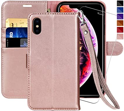 iPhone X Wallet Case/iPhone Xs Wallet Case,5.8-inch,MONASAY [Glass Screen Protector Included] Flip Folio Leather Cell Phone Cover with Credit Card Holder for Apple iPhone X/XS (Rosegold with Strap)