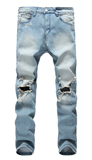 Men's Light Blue Ripped Skinny Distressed Destroyed Slim Jeans Pants with Holes
