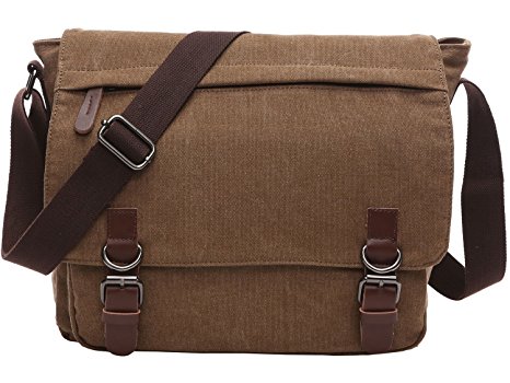 LIKU Canvas Messenger Bag for School Crossbody Laptop Bag Travel Computer Bag 13 Inch (M, Coffee)