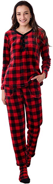MissShorthair Winter Fleece Pajamas Women,Christmas Print Pajamas Set with Pants,Long Sleeve Pajamas Soft Sleepwear