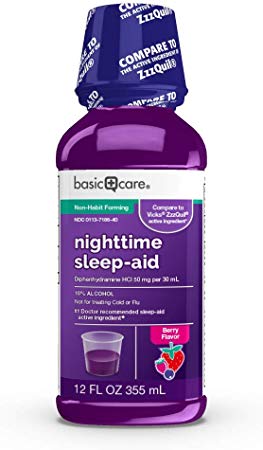 Amazon Basic Care Nighttime Sleep-Aid, Diphenhydramine Hcl 50 Mgper 30 Ml, Berry Flavor, 12 Fluid Oz