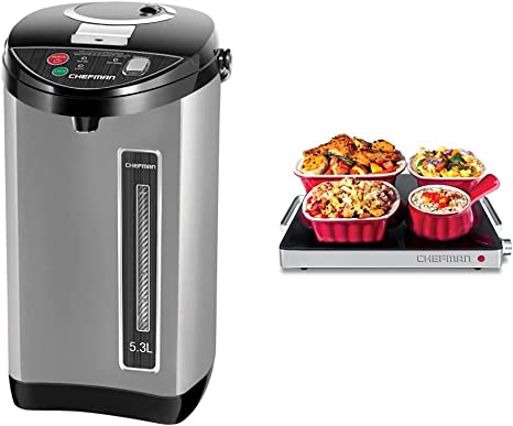 Chefman Electric Hot Water Pot Urn w/ Auto & Manual Dispense Buttons, 5.3L/5.6 Qt/30  Cups & Compact Glasstop Warming Tray, Black