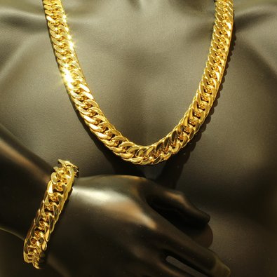 Mens Thick Tight Link Yellow Gold Finish Miami Cuban Link Chain And Bracelet Set