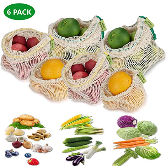 Exptolii Reusable Produce Bags for Grocery Shopping and Storage with Biodegradable Natural Cotton Mesh Material and Tare Weight on Label and Recyclable Packaging, Set of 6