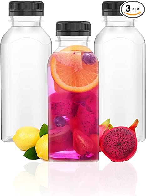 3 Pcs 12 Ounce Plastic Juice Bottles, Clear Bulk Beverage Containers, for Smoothies, Juice Milk and Homemade Beverages