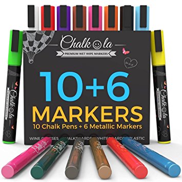 Chalkola Chalk Markers & Metallic Colors - Pack of 16 chalk pen - For Chalkboard, Whiteboard, Blackboard, Window, Glass, Bistro - 6mm Reversible bullet & chisel Tip with 8 gram liquid erasable ink