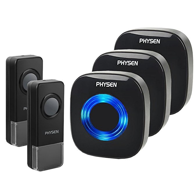 PHYSEN Model CW Waterproof Wireless Doorbell kit with 2 Buttons and 3 Plugin Receivers,Operating at 1000 feet Long Range,4 Volume Levels and 52 Melodies Chimes,No Battery Required for Receiver,Black