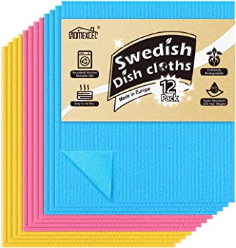 HOMEXCEL Swedish Sponge Dish Cloth,12 Pack Reusable,Abosorbent Hand Towels,Sponge Cloth for Kitchen,Bathroom and Cleaning Counters (Pink/Blue/Yellow Assorted)…