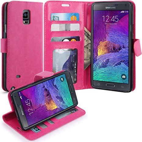 Note 4 Case, LK Galaxy Note 4 Wallet Case, Luxury PU Leather Case Flip Cover with Card Slots & Stand For Samsung Galaxy Note 4, HOT PINK