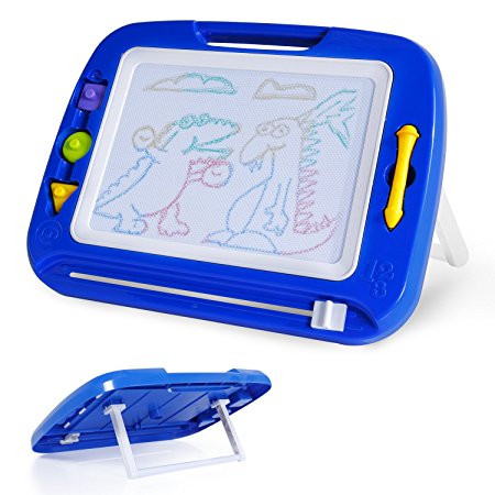 SGILE Magnetic Erasable Magna Doodle Drawing Board Toy, Assorted Colors Writing Painting Sketching Pad Board for Toddler Boy Girl Kids Skill Development, Blue (Blue-Foldable Stand and 3 Stamps)