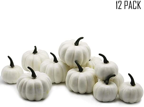 YOFIT 12 pcs Artificial Pumpkin Decoration, Fake Christmas Mini Pumpkins, Lifelike Simulation Foam Mini Pumpkins Set Thanksgiving Decorations (White)