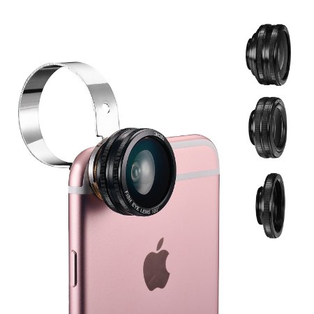 TECHO Universal 3 in 1 Clip-on Camera Lens Kit for iPhone 6s Plus iPad Samsung Smartphone Tablet (180 Degree Fisheye, 0.67X Wide Angle, 10X Macro)