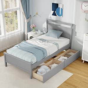 Giantex Wood Twin Bed with 2 Storage Drawers, Solid Wood Platform Bed with Headboard, Single Bed Wooden Slats Support, No Spring Needed, Twin Bed Frame for Kids, Teens, Adults (Grey)