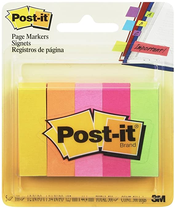 Post-it 670-5 15mm x 50mm Note Page Markers - Orange/ Green/ Yellow/ Pink/ Neon Pink (100 Sheets)