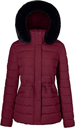 BodiLove Women's Winter Quilted Puffer Short Coat Jacket with Removable Faux Fur Hood and Zipper