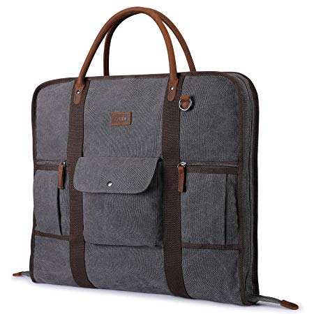 Carry On Garment Bag for Travel S-ZONE Canvas Genuine Leather Trim Men Suit Cover Business Trips and Storage(Grey)