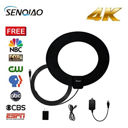 TV Antenna,SENQIAO Indoor Amplified HDTV Antenna 50 Mile Range with Detachable Amplifier Signal Booster,USB Power Supply and 16.5ft Coax Cable-Thin, Light, Better Reception