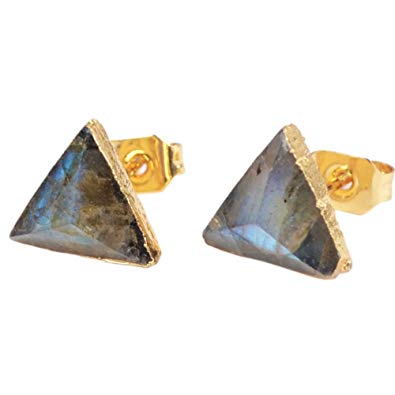 ZENGORI 1 Pair 8mm Triangle Gold Plated Natural Labradorite Stones Faceted Post Stud Earrings G1300