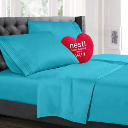 Bed Sheet Bedding Set, Full Double Size, Beach Blue (Teal), 100% Soft Brushed Microfiber Fabric with Deep Pocket Fitted Sheet, 1800 Luxury Bedding Collection, Hypoallergenic & Wrinkle Free Bedroom Linen Set By Nestl Bedding