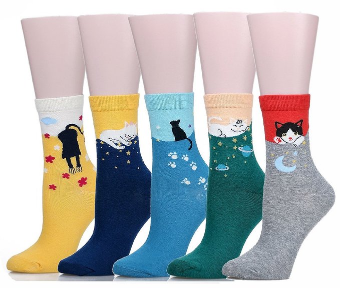 SoxEra Cute Cat Design Women's Casual Comfortable Cotton Crew Socks - 5 Pack