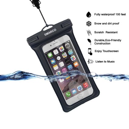 IPX8 CertifiedSMARCO TPU Floating Waterproof Bag With Headphone Jack Adjustable Strap and Armband keeping cell phone Money Credit cards or car keys from Water Snow Sand Dirt -Black