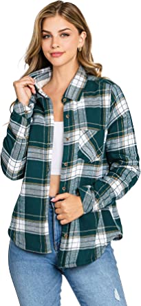 Love Tree Womens Juniors Flannel Button Down Soft Sherpa Lined Shirt