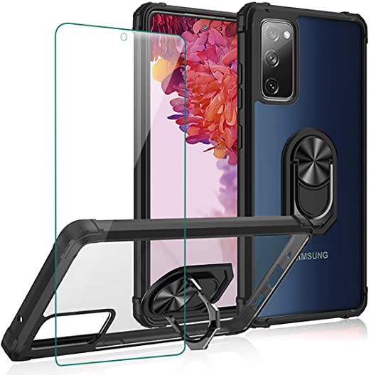 for Samsung Galaxy S20 FE 4G/5G Phone Case DMDMBATH Case for S20 Fan Edition 5G/4G with Ring Holder Screen Protector Kickstand All-Inclusive Thickened Anti-Fall Hard Pc Clear Back Shell Ring Magnetic Car Mount (Black)