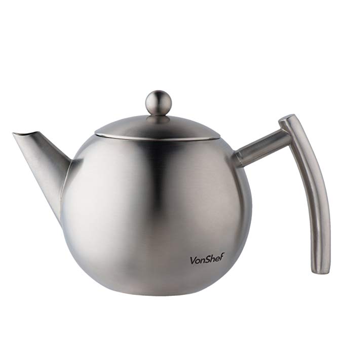 VonShef Infusion Tea Pot Medium Satin Polish Stainless Steel with Infuser, 1L