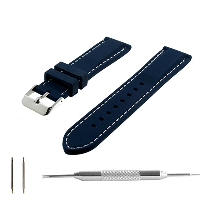 Benchmark Straps 18, 20 & 22mm Navy Silicone Rubber Watchband   Spring Bar Removal Tool (White Stitching)