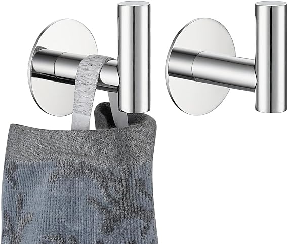 JQK Self Adhesive Towel Hook Chrome, No Drill Stick on Coat Robe Clothes Wall Hook for Bathroom Kitchen Garage 2 Pack, 304 Stainless Steel Polished Steel, ATH110-CH-P2