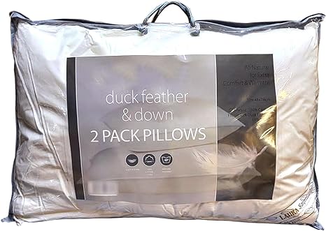 Casabella Duck Feather & Down Pillows- Luxurious Comfort for Restful Sleep-Hypoallergenic & Anti Dust Mite-2 Duck Feather Pillows UK Standard Size(48x74cm)