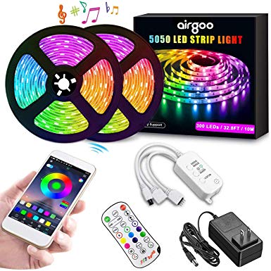 Airgoo LED Strip Lights, 2019 New Version 32.8ft RGB LED Light Strip 5050 LED Flexible Tape Lights, Music Sync Color Changing work with APP and Remote for Home Lighting Kitchen Bed Bar Home Decoration