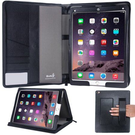 KHOMO iPad Pro Case - Black Zippered PU Folio Leather Executive 2 Pieces Case with Removable Cover and Hand Strap Holder For Apple iPad Pro 129 Inch Tablet