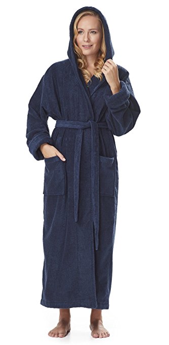 Arus Women's Organic Cotton Hooded Full Length Turkish Bathrobe