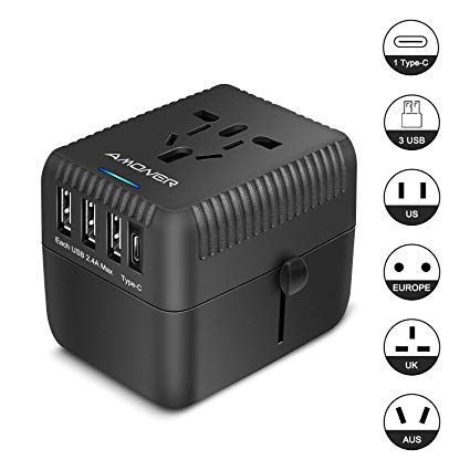 Amoner Universal Travel Adapter, All in One International Power Adapter with 3 USB   1 Type-C Charging Ports, European Plug Adapter, AC Outlet Plug Adapter for European, US, UK, AU 160  Countries