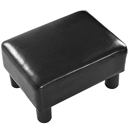 COSTWAY PU Leather Footstool Small Ottoman Rectangular Seat Stool with Plastic Wood Legs,Black