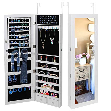 SUPER DEAL Jewelry Armoire Lockable Jewelry Cabinet Wall/Door Mounted Jewelry Organizer with Full Length Mirror and Drawers - 14.5W x 48H in - Frosty White