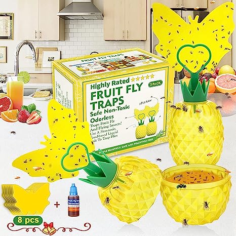 Fruit Fly Trap for Indoors, 2023 Upgrade Effective Gnat Killer Fly Catcher Gnat Traps for Indoor with Yellow Sticky Traps, Safe Non-Toxic Reusable Fruit Fly Trap with Bait for Kitchen, Plant (2 Pack)