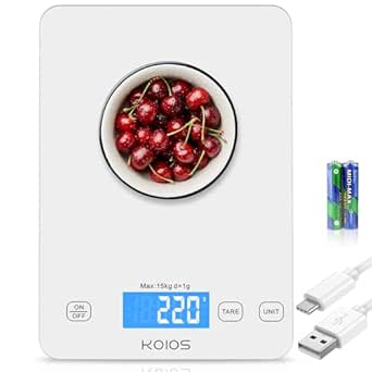 KOIOS Kitchen Scale, 33lb/15kg Digital Food Scales for Kitchen, Weight in Grams and Ounces, 1g/0.1oz Precise Graduation, Batteries and Type-C Charging, Tare Function, LCD Display(White)