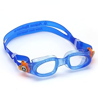 Aqua Sphere Moby Kids Swim Goggles - Comfort & Quality for the Beginning Swimmer, Easy Adjust Buckles | Unisex Children, Ages 3 , Clear Lens, Blue/Orange Frame, One Size, EP3094008LC