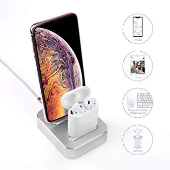 Milletech Dual Charging Stand Compatible with iPhone XS/8/8Plus/7/6S /SE/iPad, Aluminum Alloy Built-in USB Cell Phone Charging Stations, 2-in-1 Charger Station, Mobile Phone Holder (Silver)